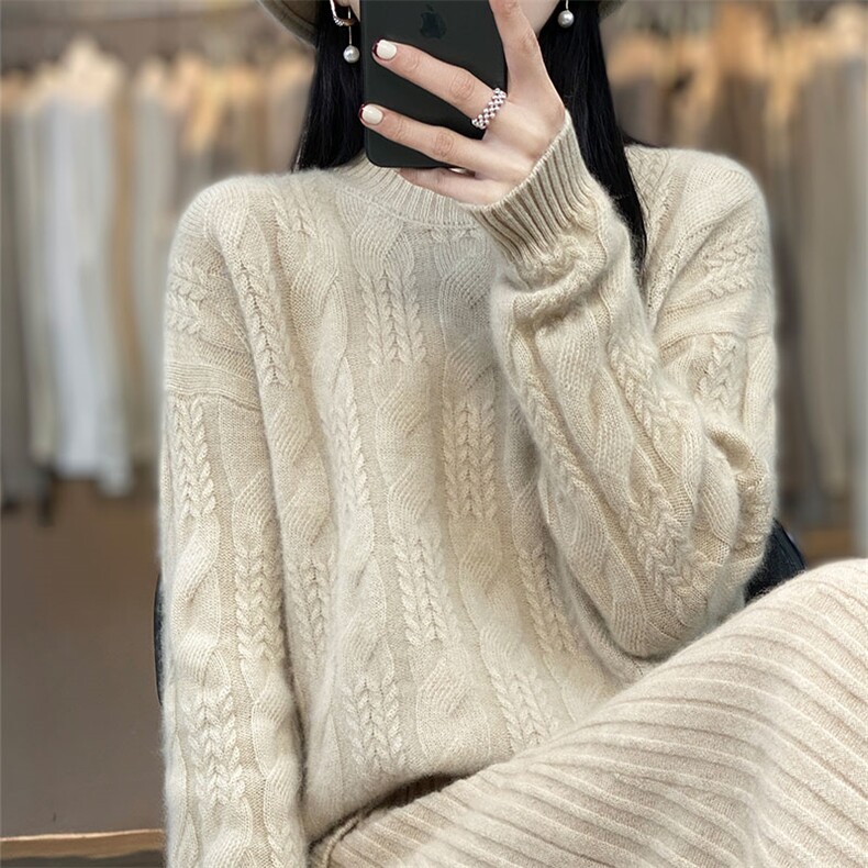 重磅加厚100%纯羊毛衫女半高领麻花毛衣宽松慵懒风羊绒针织打底衫,女装羊绒衫,琳华羊绒