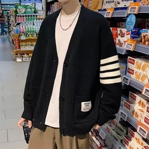 开衫毛衣外套男秋季新款宽松痞帅针织衫港风拼接情侣线衣图片