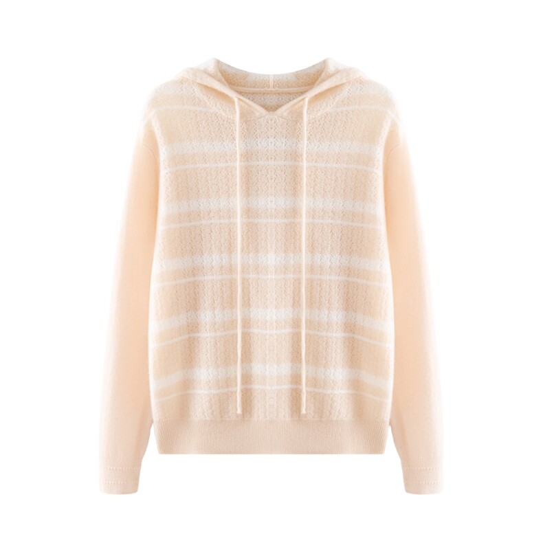 2025年秋季时尚百搭通勤简约休闲条纹帽衫，女装羊绒衫，轩妮羊绒