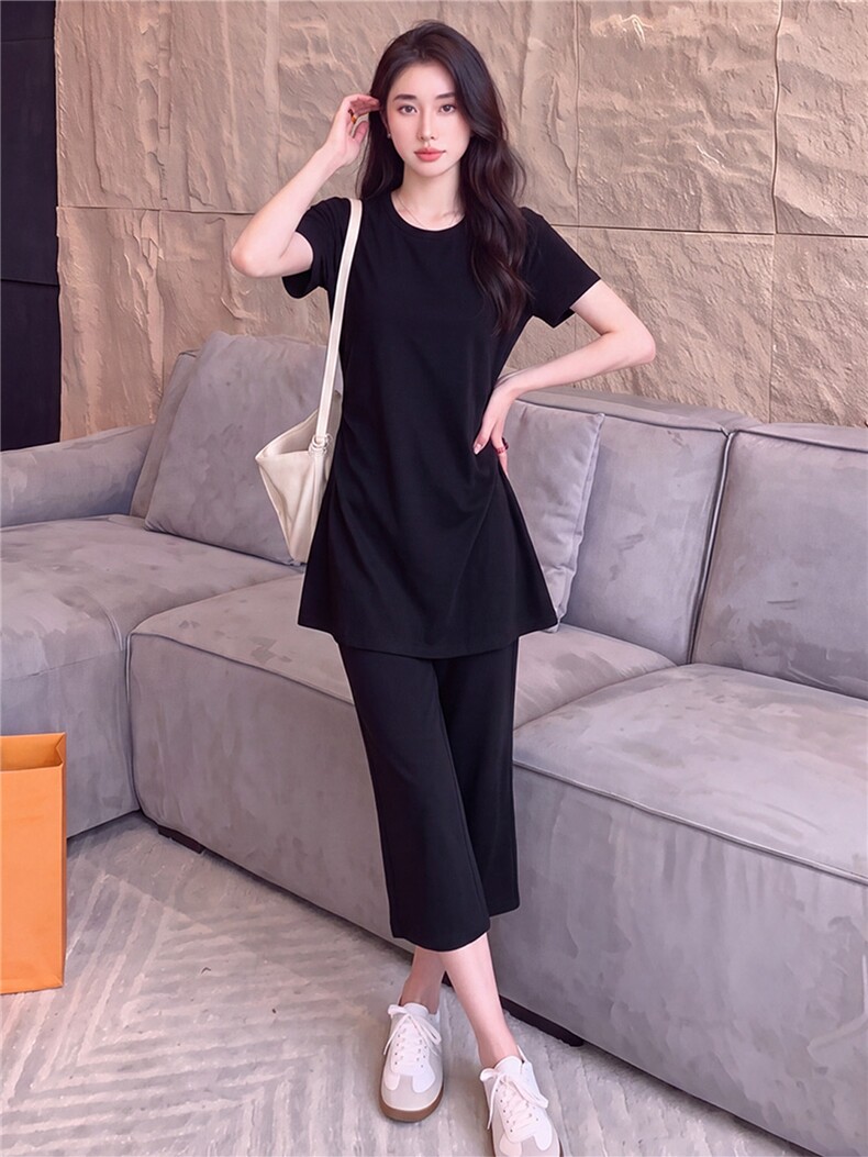 潮流时尚休闲套装女夏新款黑色圆领褶皱收腰短袖上衣九分裤两件套,女装套装/套裙,江南