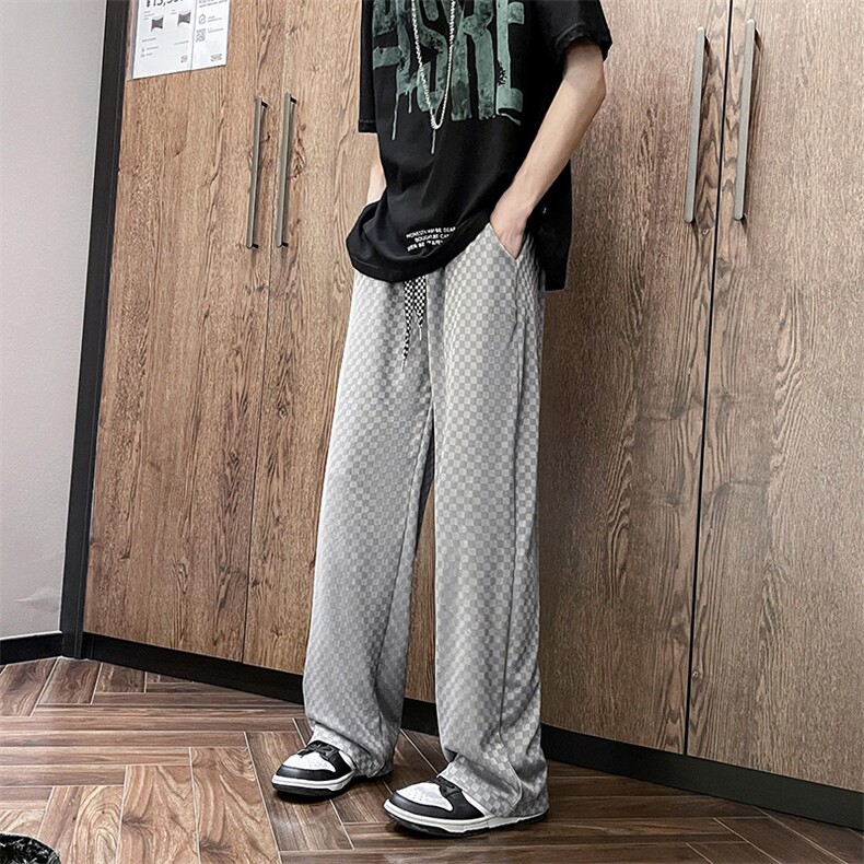 棋盘格垂感冰丝裤子男夏季薄款韩版潮流裤宽松帅气长裤子D177/P32,男装休闲裤,星座506