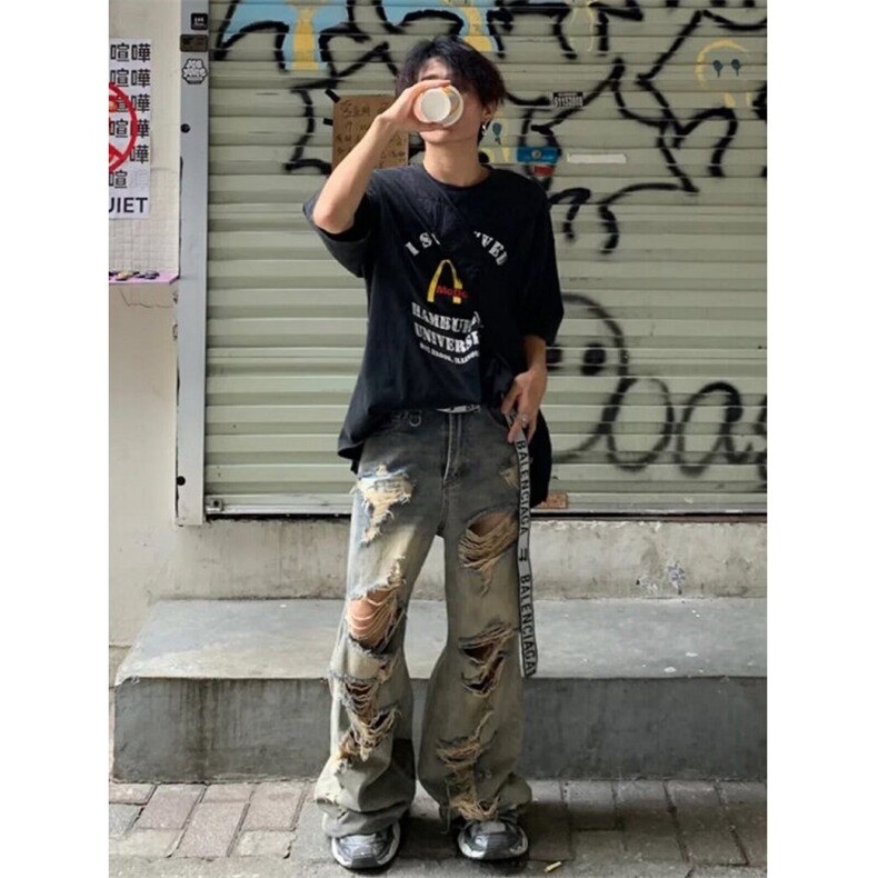 气质原宿潮流新款慵懒百搭破洞废土风水洗小众牛仔裤男NM771,男装牛仔裤,星座1116A（原606A-3）