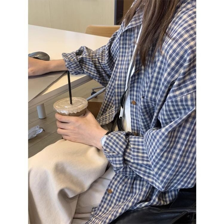 春夏新款复古蓝色长袖格子衬衫慵懒宽松内搭别致衬衣外套，男装衬衫，星座1210-1