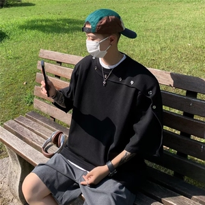 夏季高级感垫肩短袖T恤男解构拼接纽扣设计感韩版简约上衣潮图片