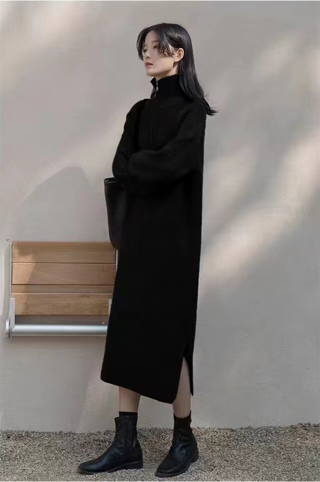 时尚百搭高领毛衣连衣裙女秋冬新款宽松显瘦长袖针织裙气质长裙,女装羊毛衫,泰沅羊绒