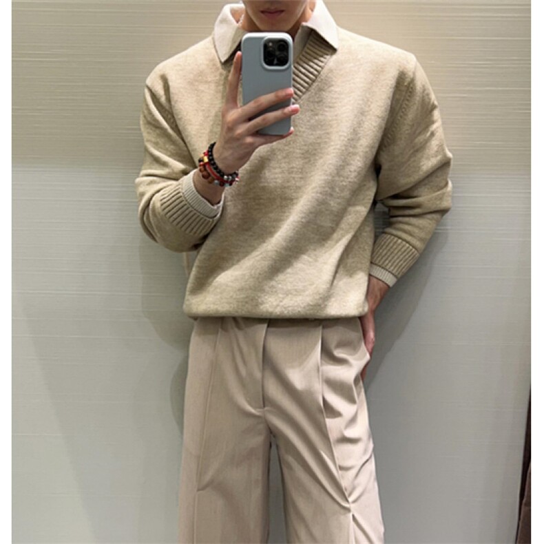 青少年ins潮V领燕麦色假两件拼接针织衫毛衣男款冬季纯色MB176,男装针织衫/毛衣,星座1116A（原606A-3）