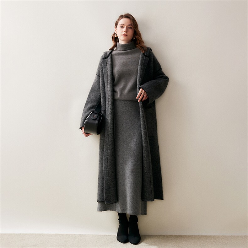 时尚优雅女士羊绒大衣连帽人字纹长款外套显瘦保暖气质灰，女装羊绒大衣，绒创羊绒