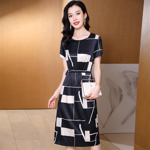 2025夏季新款真丝连衣裙女高端大气中老年妈妈装桑蚕丝遮肉减龄裙，女装连衣裙，阿舍尔精品