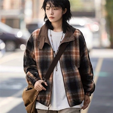 477-P65悟空有货复古撞色格子双面穿立领夹克男秋季潮牌宽松，男装夹克，电商B323A