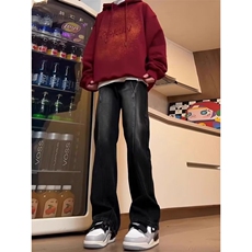 复古水洗牛仔裤男秋季高街痞帅直筒弯刀裤cleanfit修身显瘦休闲裤，男装牛仔裤，星座1008