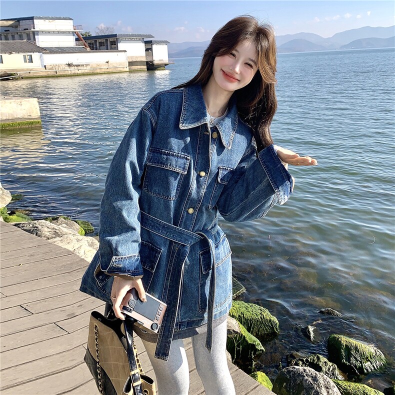 复古工装风翻领绑带蓝色牛仔外套女2026春季新款宽松显瘦气质上衣,女装短外套,2C159