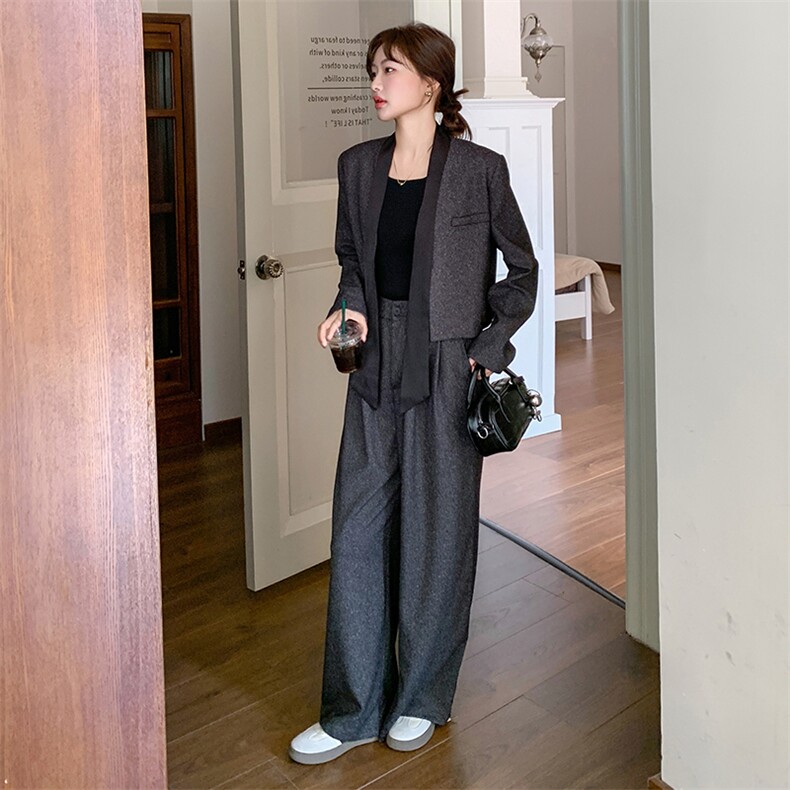 高级感小香风套装女2025春季新款蝴蝶结系带外套阔腿裤显瘦两件套,女装套装/套裙,2C095