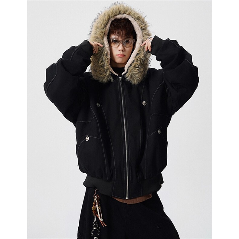 现货重磅boxy短款棉衣座山雕大毛毛领男女棉服水洗工装厚外套,男装棉衣,电商A486-1
