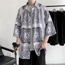 夏装男印花冰丝短袖衬衫青少年潮流宽松碎花衬衣A071-C16-P35，男装衬衫，电商A071