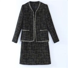 小香风毛呢套装春秋女气质优雅减龄修身显瘦洋气时尚两件套连衣裙，女装套装/套裙，香莘料