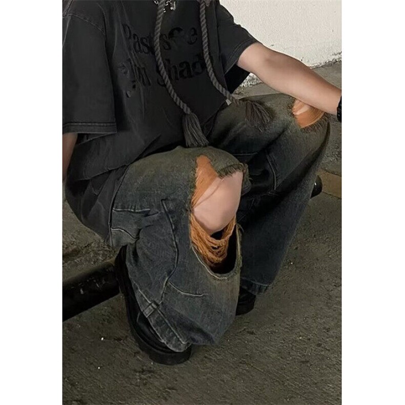 复古水洗破洞牛仔裤男女夏季高腰宽松显瘦直筒阔腿拖地裤NY9069,男装牛仔裤,星座1116A（原606A-3）