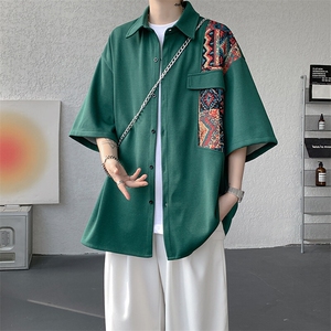 8XL-M民族风拼接短袖衬衫男夏季痞帅半袖衬衣薄款外套DC28009P45图片