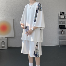 TZ792-特批50控98夏季冰丝潮流大码小熊撞色短袖短裤套装男，男装牛仔裤，电商A059