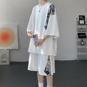 TZ792-特批50  控98 夏季冰丝潮流大码小熊撞色短袖短裤套装男图片