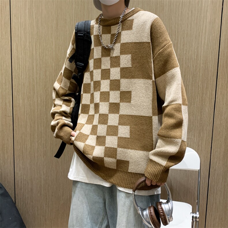 港风秋款男针织衫圆领套头毛衣棋盘格子拼接外套M696P40,男装针织衫/毛衣,星座1013-1
