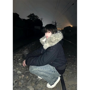 现货重磅boxy短款棉衣座山雕大毛毛领男女棉服水洗工装厚外套图片