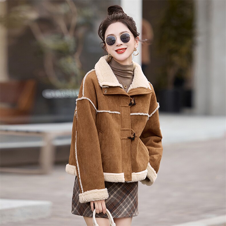 皮毛一体羊羔毛外套女冬2026新款仿鹿皮绒短款加绒加厚机车服上衣,女装棉衣/棉服,蓝诺裳