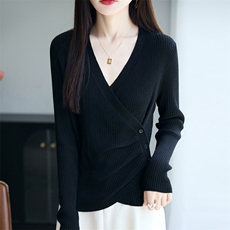 2025百搭时尚简约交叉不规则长袖打底针织衫，女装针织衫/毛衣，九嘉羊绒