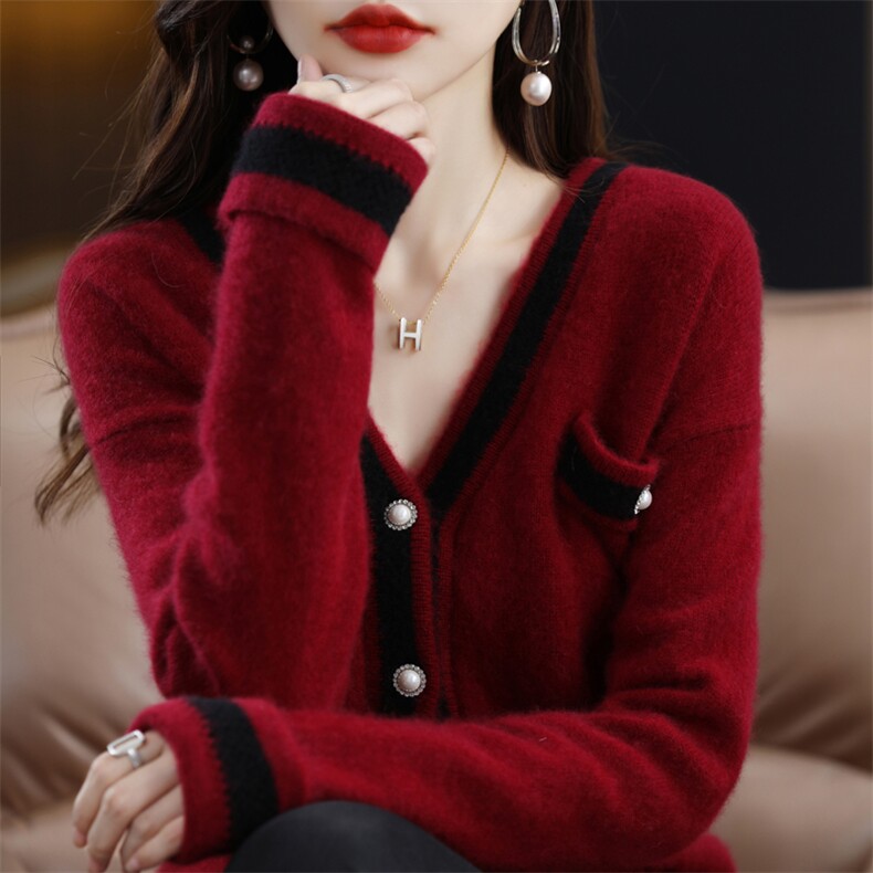 时尚百搭羊毛开衫女宽松V领针织毛衣外套,女装羊毛衫,邓利维