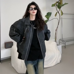 复古做旧PU皮衣夹克美式潮牌痞帅机车服外套休闲上衣Y1029P72网图图片