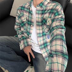 格子衬衫男长袖韩版潮流字母刺绣帅2026夏季新款ins外套CY316-P37，男装衬衫，星座412