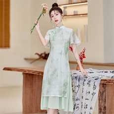 优雅气质改良版旗袍连衣裙女夏季新款修身显瘦粉色长裙，女装连衣裙，利佳可人