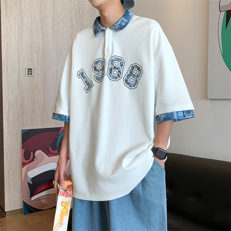 新款优品男士短袖刺绣贴标半开拉链印花T恤宽松上衣ZD3314-P54图片