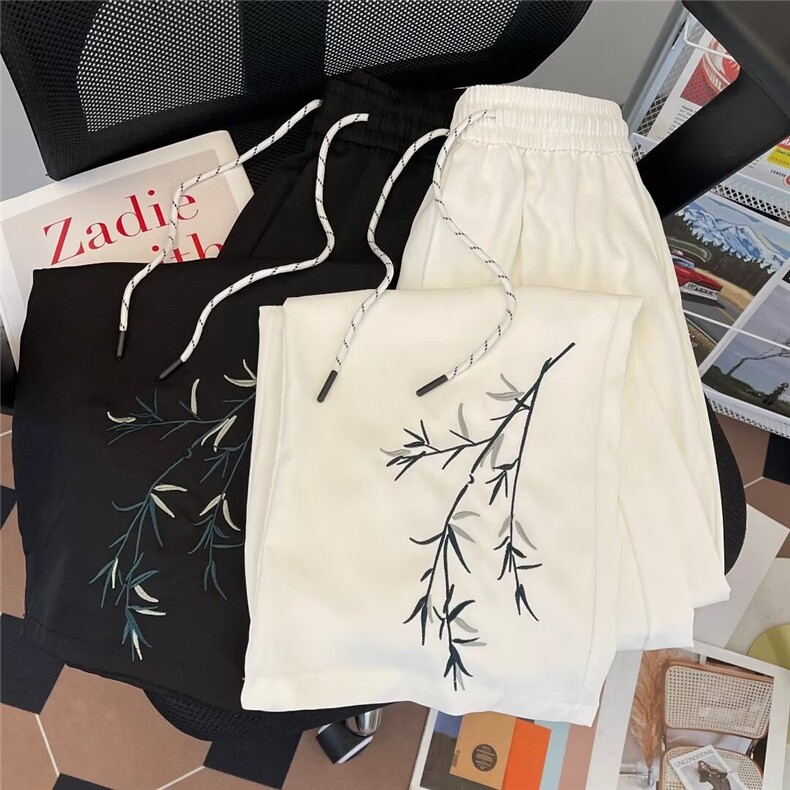 新中式男装刺绣冰丝裤子男女夏季风西裤垂坠感高级感直筒休闲裤,男装休闲裤,星座601-2