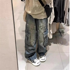 美式复古牛仔工装裤女早秋季新款小个子直筒裤宽松显瘦微喇叭裤子，男装工装外套，星座506A