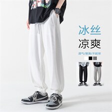 2023夏款冰丝黑白条纹大码九分裤男宽松束脚运动休闲裤K23663-P45图片
