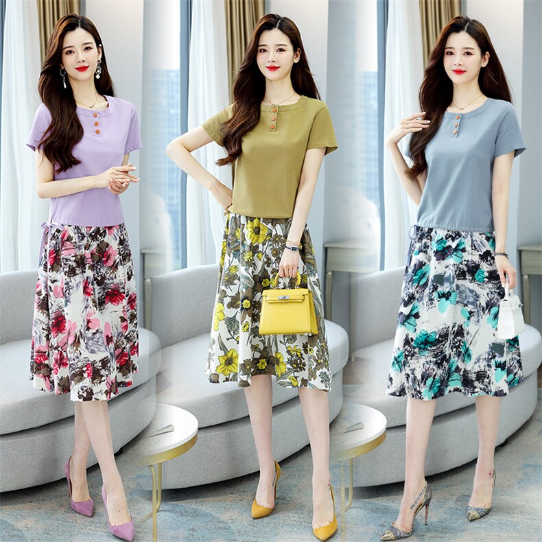 中年妈妈夏装套装短袖小个子2024新款休闲印花棉麻套装裙两件套女，女装套装/套裙，牡丹诺