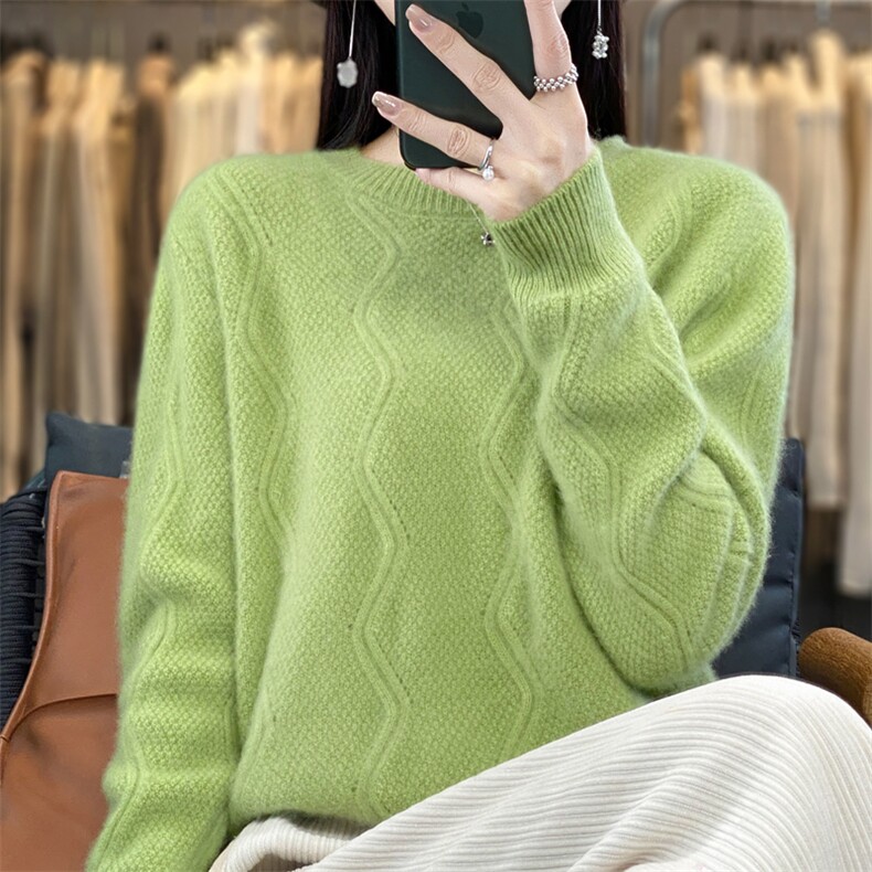 时尚百搭七针加厚圆领波浪花纹女羊毛衫显瘦保暖冬季必备,女装羊毛衫,九嘉羊绒