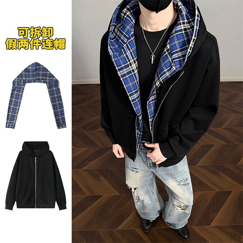 26春季新款350g重磅华棉可拆卸假两件卫衣外套男W6062-特P65控128，女装短外套，电商A001-1