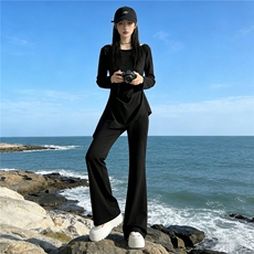 设计感时尚休闲套装女春款修身显瘦不规则长袖上衣微喇长裤两件套，女装套装/套裙，江南