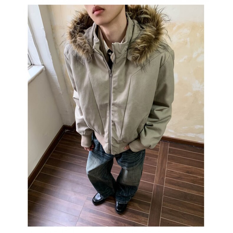 2025冬季新款美式复古座山雕短款连帽毛领棉服男冬派克服棉衣外套,男装棉衣,星座506A