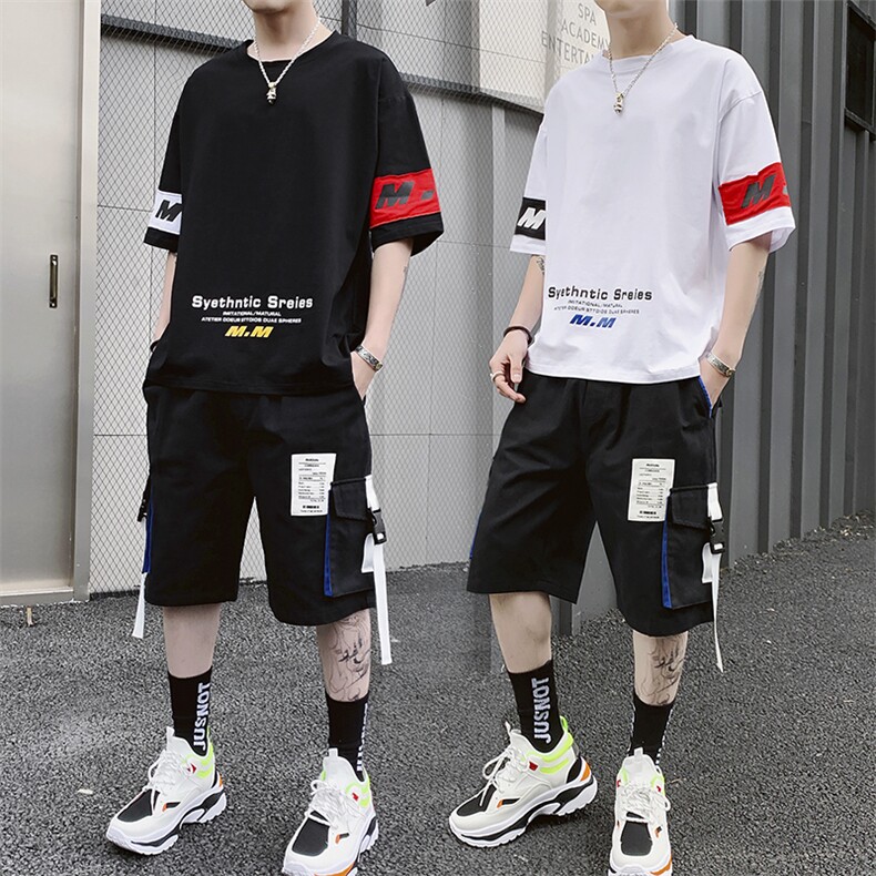 2021新款男士一套夏装青少年休闲宽松帅气短袖t恤套装图片