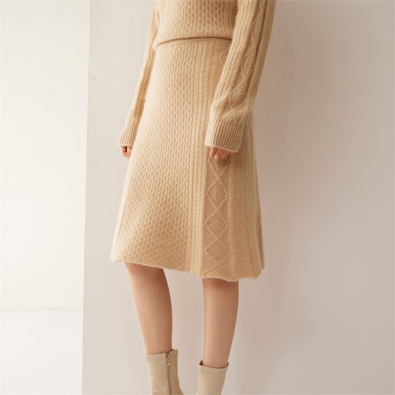 时尚优雅女士七针加厚扭花羊绒半身裙10%羊绒材质温暖舒适秋冬，女装半身裙，昭美羊绒