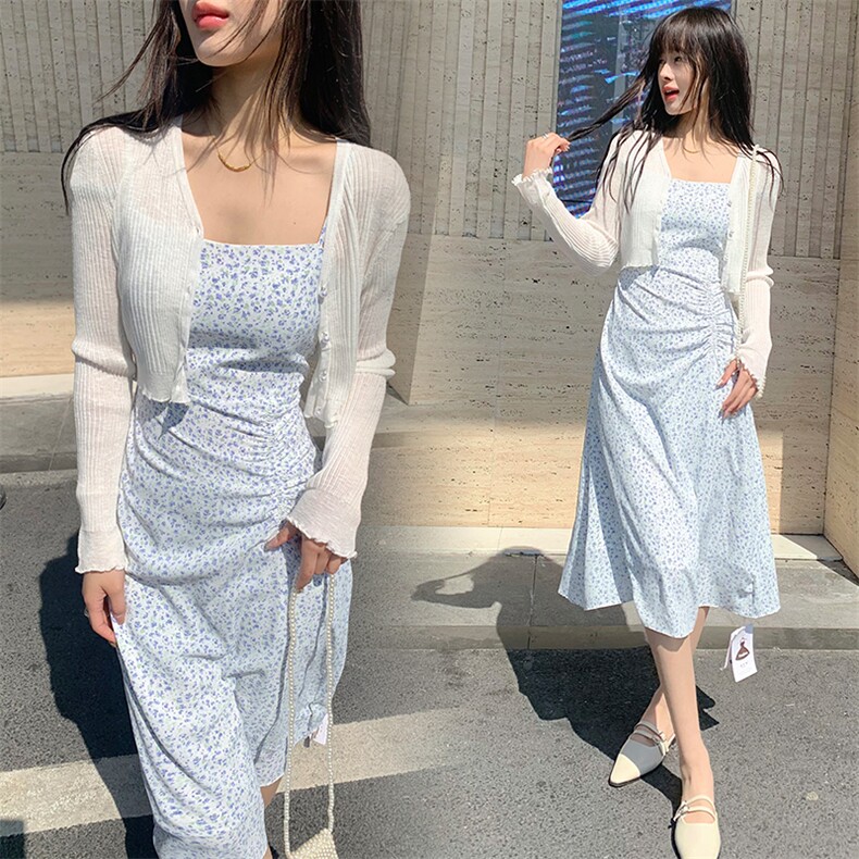 现货2024年春季网红女新款吊带碎花连衣裙加披肩针织两件套,女装连衣裙,煊芮熙