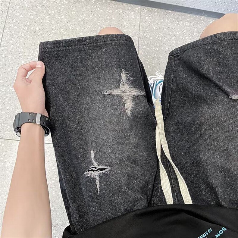 夏季薄款破洞牛仔短裤男潮牌直筒宽松潮流百搭港风青少年五分裤子,男装牛仔裤,星座410-7