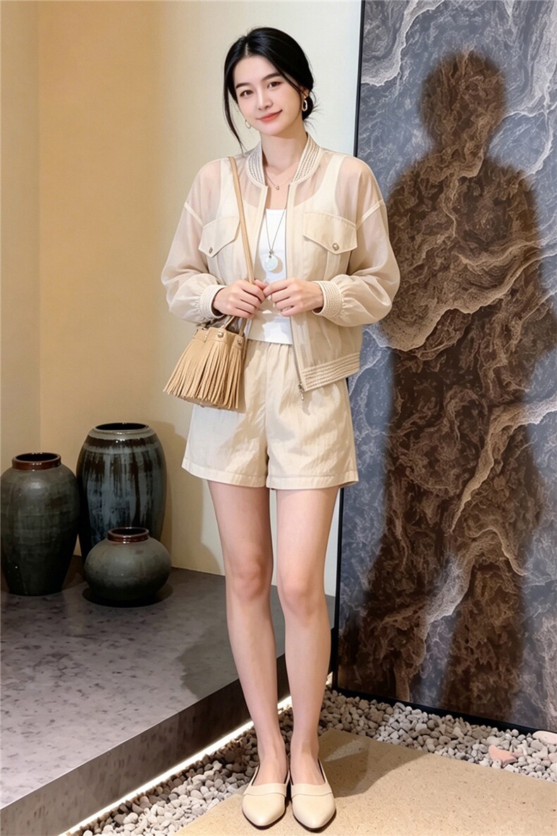 女夏新款赫本风轻熟时尚炸街套装洋气减龄长袖开衫外套短裤两件套,女装套装/套裙,江南