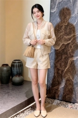 女夏新款赫本风轻熟时尚炸街套装洋气减龄长袖开衫外套短裤两件套，女装套装/套裙，江南