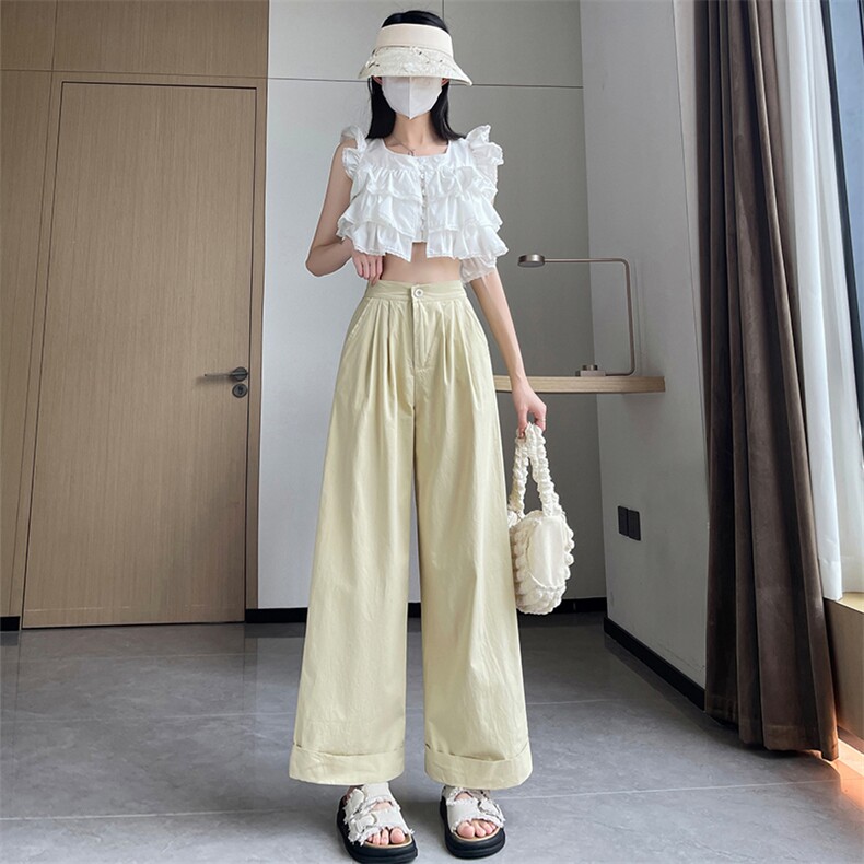 2024夏季新款洗水棉卷边阔腿裤女冰丝高腰直筒西装裤休闲裤子,女装休闲裤,梦白服饰厂