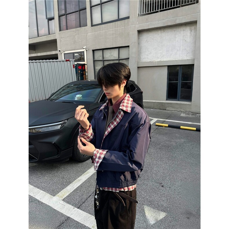 王一博沈月同款春秋格纹假两件飞行员夹克男老钱风假两件外套潮牌图片