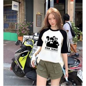 抖音得物品质二开240克宽松纯棉美式潮牌插肩三杠织带短袖T恤图片