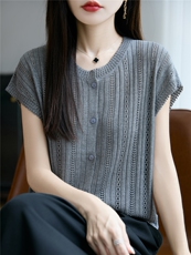镂空短袖女2025新款夏季小个子时尚洋气韩系chic别致上衣，女装针织衫/毛衣，暖娇绒包芯纱店